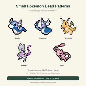 Kleine Mewtu-, Mew- und Dragonite-Perlenmuster: 5 Pokémon-PDF-Designs