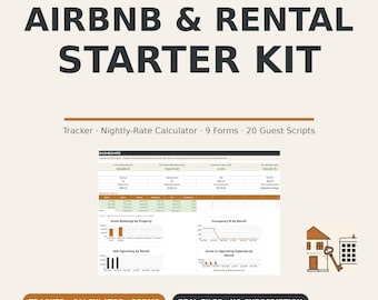 May include: A digital Airbnb and rental starter kit by Copper Daybook featuring a dashboard with financial tracking, a nightly-rate calculator, nine forms, and twenty guest scripts. Includes charts, a house icon, and a key graphic.