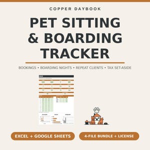May include: A digital pet sitting and boarding tracker spreadsheet by Copper Daybook. The layout includes a dashboard with data tables, charts, and a small illustration of a house, a dog, and a cat. Text includes EXCEL + GOOGLE SHEETS.