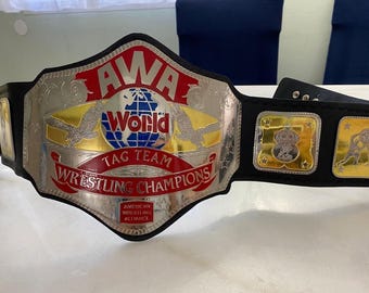 Nuevo cinturón de campeón mundial de parejas AWA negro, talla adulta, metal.