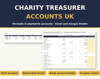 Charity Treasurer Spreadsheet UK | Year-End Accounts from One Cash Book | Receipts and Payments, Restricted Funds | Excel & Google Sheets