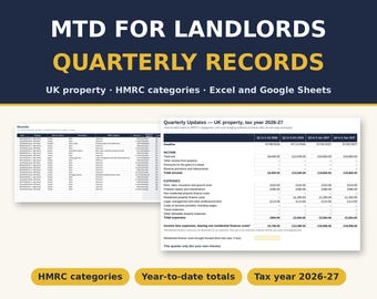 MTD Landlord Spreadsheet UK 2026/27 | Quarterly Totals in HMRC Categories | Making Tax Digital Records | Excel & Google Sheets