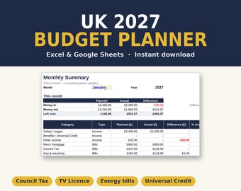 2027 Budget Planner UK | See What's Left Each Month | Budget Spreadsheet with Council Tax & Bills | Excel and Google Sheets