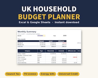 UK Bills Tracker & Household Budget Spreadsheet | Know Where Your Money Goes | Any Year | Excel and Google Sheets