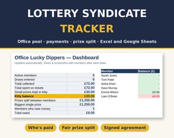 Lottery Syndicate Tracker | Office Lottery Pool Spreadsheet | Excel & Google Sheets | Prize Split, Payments and Agreement | UK Template