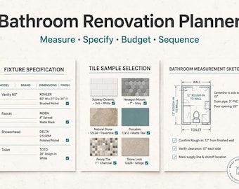 May include: A Bathroom Renovation Planner document featuring sections for Fixture Specification, Tile Sample Selection, and a Bathroom Measurement Sketch. It includes tables for Kohler, Moen, Delta, and Toto products with metric dimensions.