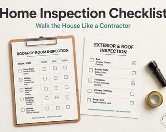 May include: A home inspection checklist on a wooden clipboard and a separate sheet, both featuring black text and blue accents. The documents include sections for room-by-room and exterior inspections, accompanied by a black flashlight and a roll of tape.