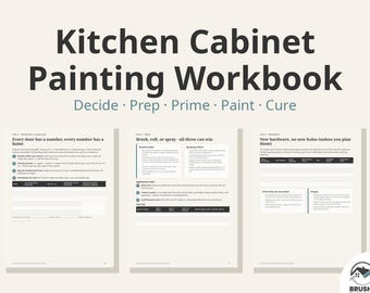 May include: A Kitchen Cabinet Painting Workbook with the subtitle Decide, Prep, Prime, Paint, Cure. The document displays three pages featuring instructional text, numbered steps, and tables for tracking cabinet door inventory and hardware.