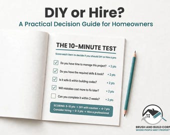 May include: An open notebook displays a checklist titled THE 10-MINUTE TEST with the heading DIY or Hire? A Practical Decision Guide for Homeowners. A pencil lies next to the page, which includes a scoring system for home projects.