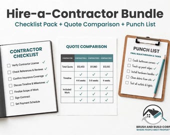 May include: A Hire-a-Contractor Bundle featuring a Contractor Checklist, a Quote Comparison table with currency amounts, and a Punch List on a clipboard with a pencil. The documents include text for verifying licences, comparing quotes, and final walkthrough tasks.
