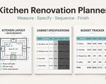 May include: A Kitchen Renovation Planner document featuring three sections: Kitchen Layout with measurements, Cabinet Specifications in a table, and a Budget Tracker table. The text includes Measure, Specify, Sequence, Finish.