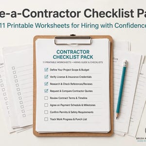 May include: A brown clipboard holding white paper sheets titled Contractor Checklist Pack with 11 printable worksheets for hiring with confidence. The list includes items like Define Your Project Scope and Budget, with a teal pencil resting on the side.