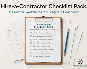 May include: A brown clipboard holding white paper sheets titled Contractor Checklist Pack with 11 printable worksheets for hiring with confidence. The list includes items like Define Your Project Scope and Budget, with a teal pencil resting on the side.