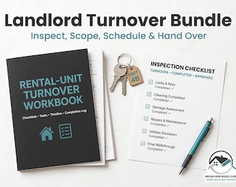 May include: A Landlord Turnover Bundle featuring a black Rental-Unit Turnover Workbook, a white Inspection Checklist with checkmarks, a metal keyring with two keys and a tag labelled Unit 4B, and a blue and silver pen on a white surface.