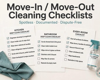 May include: Three white paper checklists titled Move-In / Move-Out Cleaning Checklists, Kitchen Deep Clean Checklist, Bathroom Deep Clean Checklist, and Every-Room Checklist. Includes a teal microfibre cloth and a clear spray bottle labelled All-Purpose Cleaner.