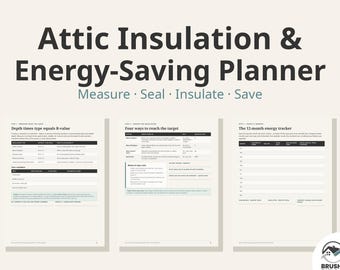 May include: Attic Insulation & Energy-Saving Planner with the subtitle Measure, Seal, Insulate, Save. Three pages are displayed showing charts for R-value calculations, four ways to reach targets, and a 12-month energy tracker table.