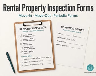 May include: Rental Property Inspection Forms with a clipboard holding a Property Inspection checklist and a separate Condition Report sheet. The documents feature checkboxes and lines for notes, accompanied by a dark green pen.