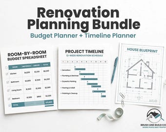 May include: Renovation Planning Bundle featuring a Room-by-Room Budget Spreadsheet, a 12-week Project Timeline, and a House Blueprint. Includes a blue pen, two paper clips, and a measuring tape. Brush and Build Corp. logo in the corner.