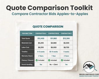 May include: A Quote Comparison Toolkit document titled Compare Contractor Bids Apples-to-Apples. It features a table comparing Contractor A, B, and C across categories like Total Quote, Materials Cost, Labor Cost, Timeline, and Warranty.