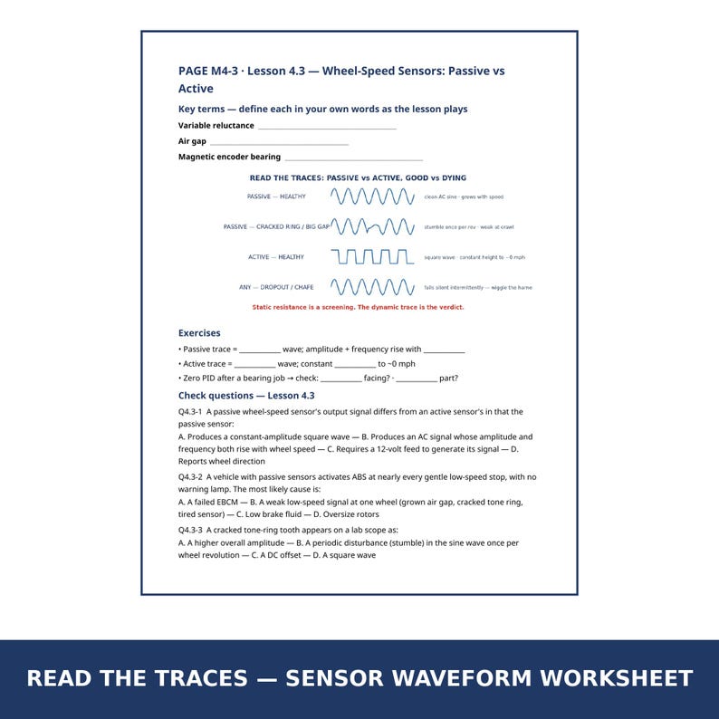 May include: A white educational worksheet titled Page M4-3 Lesson 4.3 Wheel-Speed Sensors: Passive vs Active. It includes key terms, waveform diagrams for passive and active sensors, exercises, and multiple-choice check questions.