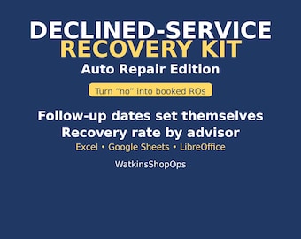 Könnte beinhalten: Eine digitale Grafik mit dunkelblauem Hintergrund und weißem sowie gelbem Text: DECLINED-SERVICE RECOVERY KIT Auto Repair Edition, Turn "no" into booked ROs, Follow-up dates set themselves, Recovery rate by advisor, Excel, Google Sheets, LibreOffice, WatkinsShopOps.