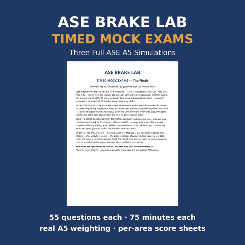 ASE A5 Brakes Mock Exams Printable | 3 Timed Practice Tests 55 Questions | ASE Test Prep with Answer Keys and Score Sheets image 1