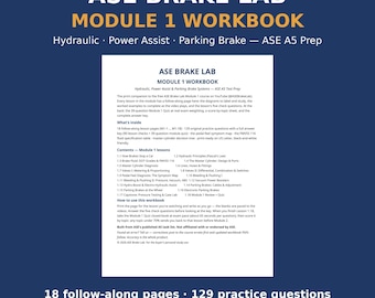 Könnte beinhalten: Ein weißes Arbeitsbuch mit dem Titel ASE BRAKE LAB MODULE 1 WORKBOOK mit schwarzem Text auf dunkelblauem Hintergrund. Der Einband beschreibt hydraulische, Bremskraftverstärker- und Feststellbremssysteme mit 18 Übungsseiten und 129 Fragen.