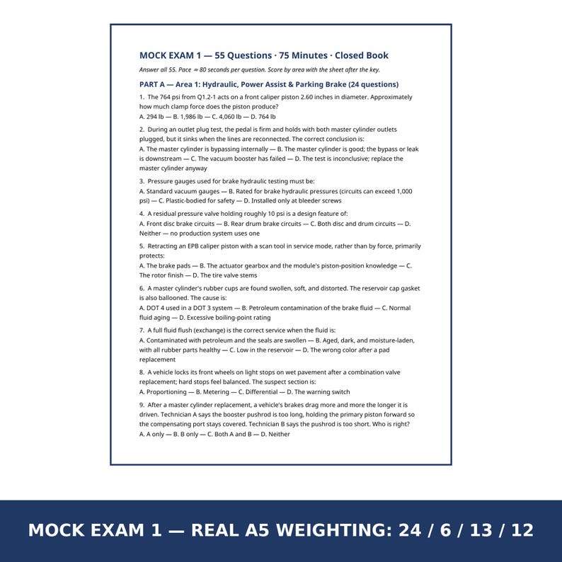 ASE A5 Brakes Mock Exams Printable | 3 Timed Practice Tests 55 Questions | ASE Test Prep with Answer Keys and Score Sheets image 3