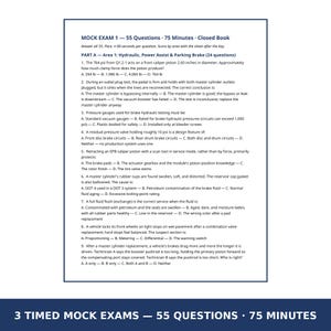 K&ouml;nnte beinhalten: Ein gedrucktes Dokument mit dem Titel MOCK EXAM 1, das 55 Fragen enth&auml;lt, die in 75 Minuten zu beantworten sind. Der Text umfasst technische Fragen zur Kfz-Technik bez&uuml;glich hydraulischer Brems- und Parksysteme mit Auswahlantworten.