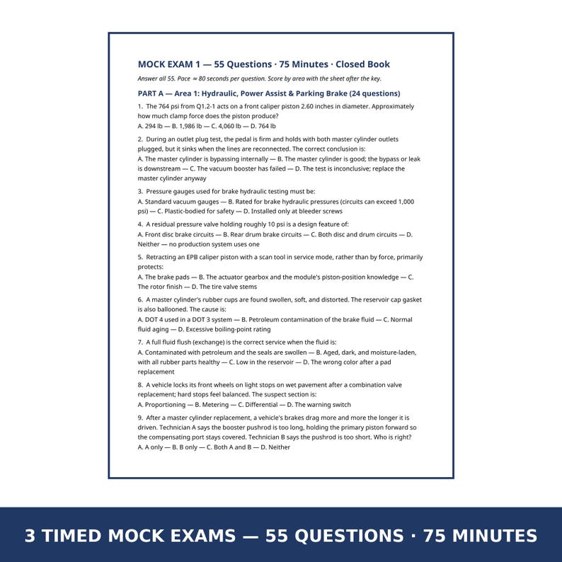K&ouml;nnte beinhalten: Ein gedrucktes Dokument mit dem Titel MOCK EXAM 1, das 55 Fragen enth&auml;lt, die in 75 Minuten zu beantworten sind. Der Text umfasst technische Fragen zur Kfz-Technik bez&uuml;glich hydraulischer Brems- und Parksysteme mit Auswahlantworten.