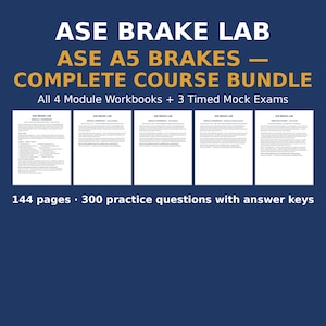 K&ouml;nnte beinhalten: Das ASE Brake Lab A5 Brakes Komplettkurs-Paket enth&auml;lt vier Modul-Arbeitsb&uuml;cher und drei zeitgesteuerte Probepr&uuml;fungen. Das Set umfasst 144 Seiten und 300 &Uuml;bungsfragen mit Antwortschl&uuml;sseln auf einem dunkelblauen Hintergrund.