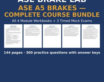 Könnte beinhalten: Das ASE Brake Lab A5 Brakes Komplettkurs-Paket enthält vier Modul-Arbeitsbücher und drei zeitgesteuerte Probeprüfungen. Das Set umfasst 144 Seiten und 300 Übungsfragen mit Antwortschlüsseln auf einem dunkelblauen Hintergrund.