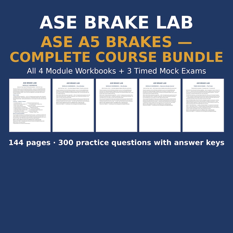 K&ouml;nnte beinhalten: Das ASE Brake Lab A5 Brakes Komplettkurs-Paket enth&auml;lt vier Modul-Arbeitsb&uuml;cher und drei zeitgesteuerte Probepr&uuml;fungen. Das Set umfasst 144 Seiten und 300 &Uuml;bungsfragen mit Antwortschl&uuml;sseln auf einem dunkelblauen Hintergrund.