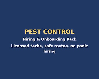 Könnte beinhalten: Eine dunkelblaue digitale Grafik mit dem gelben Text PEST CONTROL, gefolgt von weißem Text, der Hiring & Onboarding Pack, Licensed techs, safe routes, no panic hiring lautet. Das Layout ist zentriert mit einem sauberen, professionellen Design.