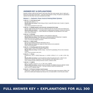 May include: A printed document titled ANSWER KEY & EXPLANATIONS for Module 1: Hydraulic, Power Assist & Parking Brake Systems. It lists eight numbered questions with correct answers and detailed physics-based explanations for ASE brake lab.