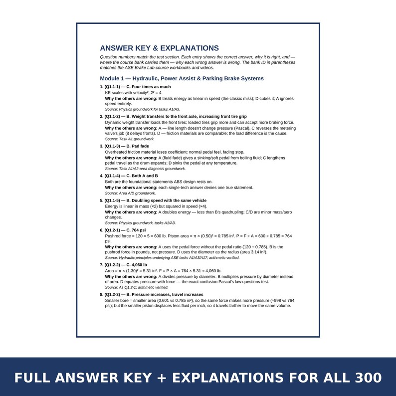 May include: A printed document titled ANSWER KEY & EXPLANATIONS for Module 1: Hydraulic, Power Assist & Parking Brake Systems. It lists eight numbered questions with correct answers and detailed physics-based explanations for ASE brake lab.