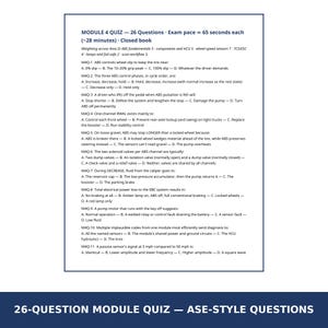 May include: A printed document titled Module 4 Quiz containing 26 questions about ABS fundamentals, wheel-speed sensors, and scan workflows. The text includes multiple-choice questions labelled M4Q-1 through M4Q-11 with various technical options.
