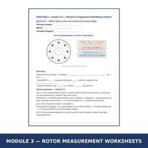 K&ouml;nnte beinhalten: Ein technisches Arbeitsblatt mit dem Titel PAGE M3-3 Lesson 3.3 Rotors I: Inspection and Measurement. Es enth&auml;lt Fachbegriffe, ein Diagramm eines Rotors mit 8 Messpunkten, Textfelder zur Variation und zum Urteil sowie &Uuml;bungsaufgaben.