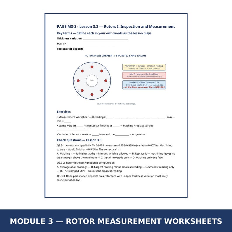 K&ouml;nnte beinhalten: Ein technisches Arbeitsblatt mit dem Titel PAGE M3-3 Lesson 3.3 Rotors I: Inspection and Measurement. Es enth&auml;lt Fachbegriffe, ein Diagramm eines Rotors mit 8 Messpunkten, Textfelder zur Variation und zum Urteil sowie &Uuml;bungsaufgaben.