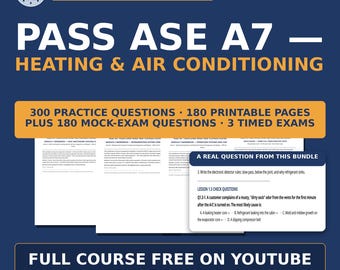 ASE A7 Heating and Air Conditioning Bundle — 3 Workbooks & Mock Exams | 300 Questions, 180 Pages | Free Course on YouTube