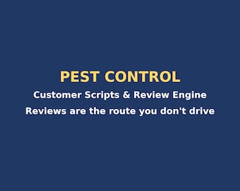 Könnte beinhalten: Eine dunkelblaue Grafik mit dem gelben Text PEST CONTROL, gefolgt von dem weißen Text Customer Scripts & Review Engine und dem weißen Text Reviews are the route you don't drive, dargestellt in einem klaren, zentrierten und fetten Schriftstil.