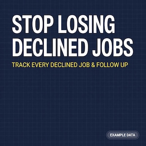 Könnte beinhalten: Eine dunkelblaue Grafik mit Gittermuster, die den weißen Text STOP LOSING DECLINED JOBS und den gelben Text TRACK EVERY DECLINED JOB & FOLLOW UP enthält, sowie eine kleine Schaltfläche unten rechts mit der Aufschrift EXAMPLE DATA.