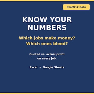 Könnte beinhalten: Eine dunkelblaue Grafik mit einem gelben Kasten mit der Aufschrift EXAMPLE DATA. Der Text lautet: KNOW YOUR NUMBERS, Which jobs make money? Which ones bleed? Quoted vs. actual profit on every job. Excel • Google Sheets. Das Design verwendet weißen und gelben Text.