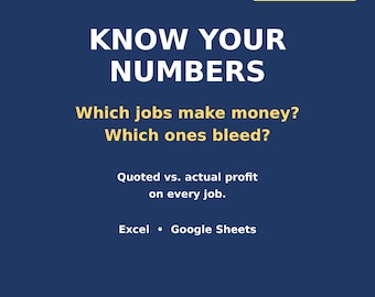 Könnte beinhalten: Eine dunkelblaue Grafik mit einem gelben Kasten mit der Aufschrift EXAMPLE DATA. Der Text lautet: KNOW YOUR NUMBERS, Which jobs make money? Which ones bleed? Quoted vs. actual profit on every job. Excel • Google Sheets. Das Design verwendet weißen und gelben Text.