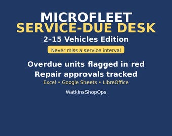 Könnte beinhalten: Eine dunkelblaue digitale Grafik mit dem Titel MICROFLEET SERVICE-DUE DESK 2-15 Vehicles Edition. Sie enthält den Text Never miss a service interval, Overdue units flagged in red, Repair approvals tracked, Excel, Google Sheets, LibreOffice und WatkinsShopOps.