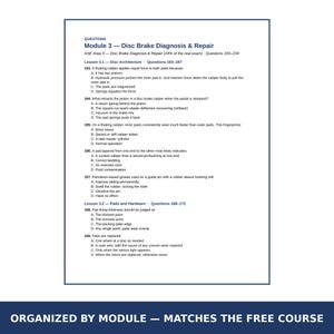 May include: A printed document titled Module 3 - Disc Brake Diagnosis & Repair, containing multiple-choice questions numbered 163 through 169. The text covers technical topics such as floating calipers, piston retraction, and pad wear.