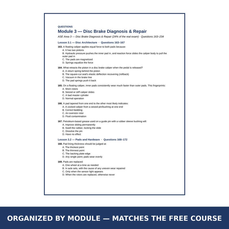 May include: A printed document titled Module 3 - Disc Brake Diagnosis & Repair, containing multiple-choice questions numbered 163 through 169. The text covers technical topics such as floating calipers, piston retraction, and pad wear.