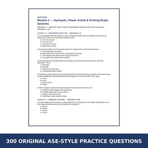 May include: A printed document titled Module 1 &mdash; Hydraulic, Power Assist & Parking Brake Systems, containing five multiple-choice questions about automotive braking physics, kinetic energy, and hydraulic principles for ASE exam preparation.