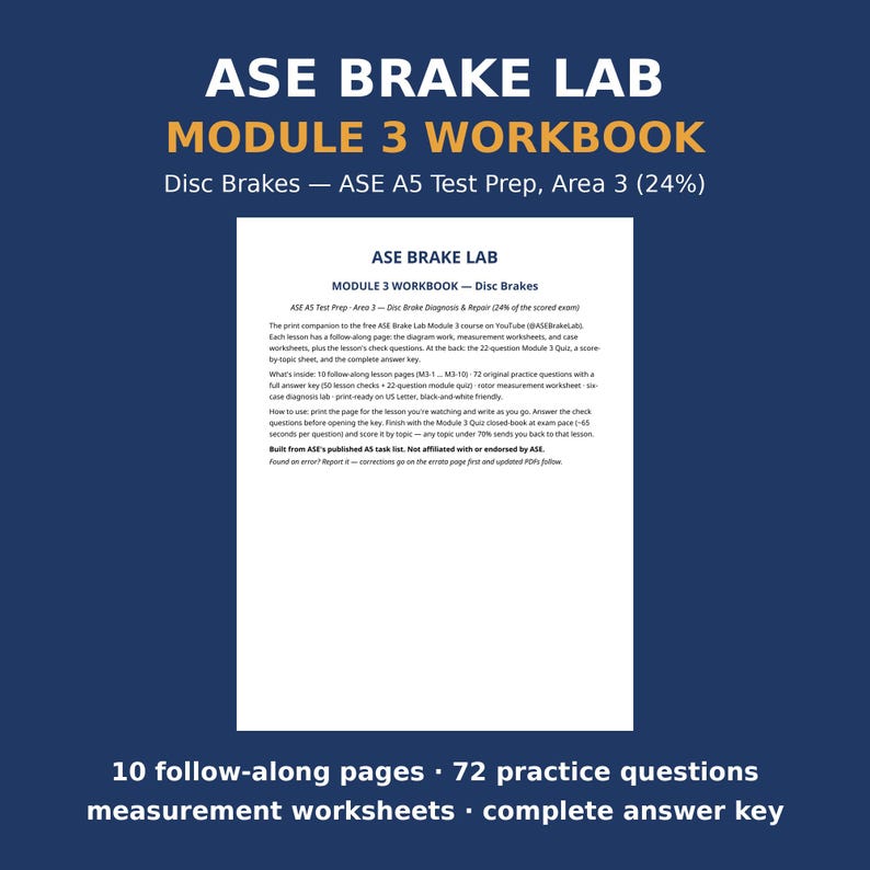 ASE A5 Brakes Study Workbook Printable | Module 3 Disc Brakes | 72 Practice Questions and Quiz with Answer Key image 1