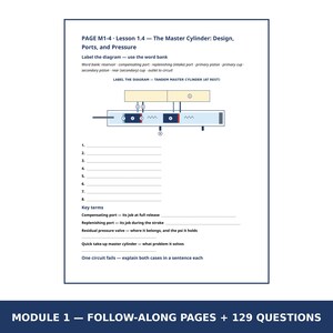 K&ouml;nnte beinhalten: Ein Arbeitsblatt mit dem Titel PAGE M1-4 Lesson 1.4 The Master Cylinder Design, Ports, and Pressure. Es enth&auml;lt ein Diagramm eines Tandem-Hauptbremszylinders in Ruhestellung, eine Wortliste, acht nummerierte Zeilen und Fragen zu Fachbegriffen.